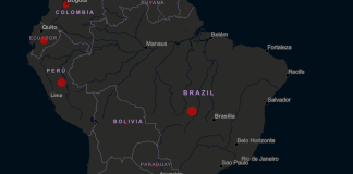 Mapa de casos de coronavírus na América do Sul. Recorte.