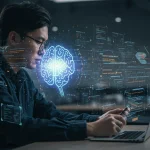 Futuristic developer leveraging AI for rapid code generation