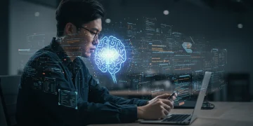 Futuristic developer leveraging AI for rapid code generation