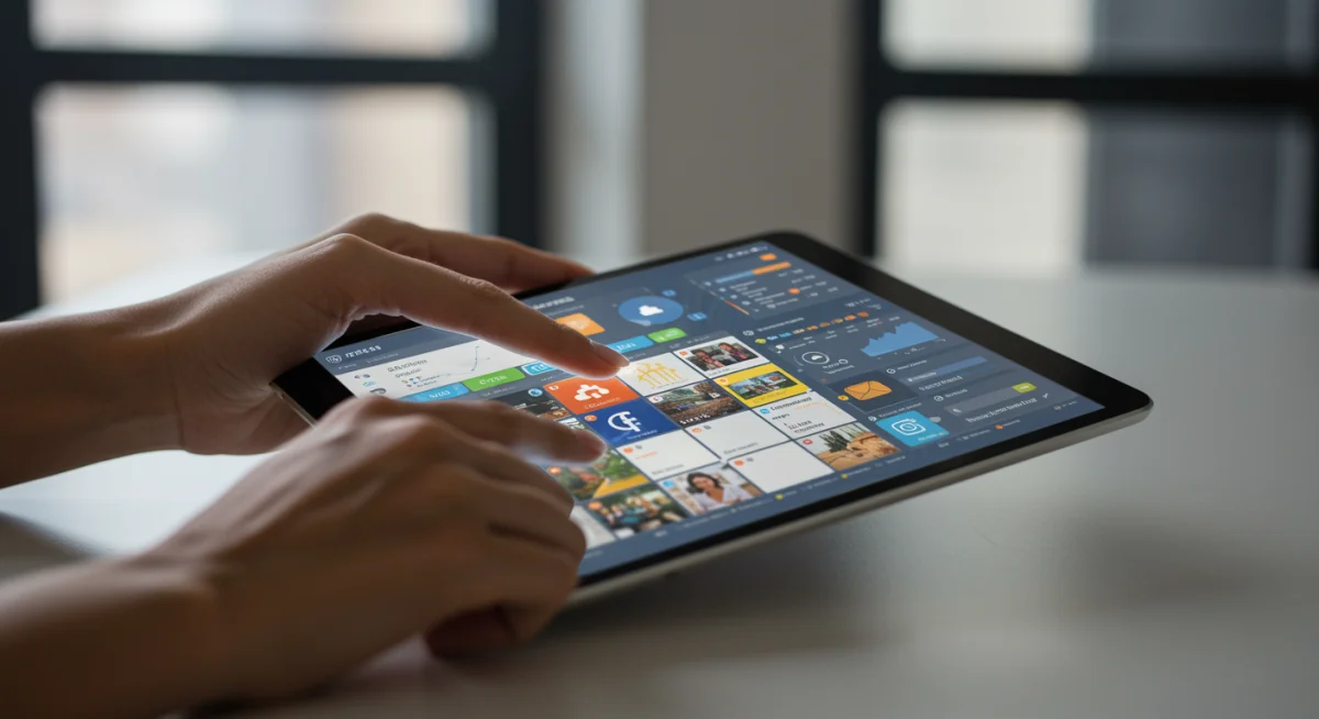 Hand interacting with AI-powered social media content calendar and scheduling tool.