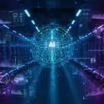 AI-driven data analysis dashboard with holographic projections and complex algorithms.