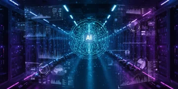 AI-driven data analysis dashboard with holographic projections and complex algorithms.