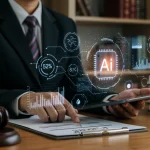 AI interface assisting a lawyer with legal research on a tablet.