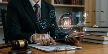 AI interface assisting a lawyer with legal research on a tablet.