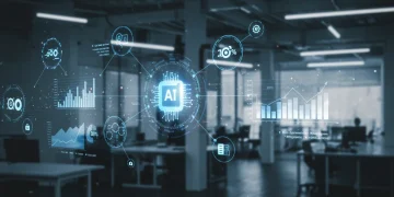 AI-powered marketing automation optimizing lead generation strategies and showing growth charts.