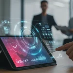 AI-powered presentation design interface on a tablet, generating slides quickly.