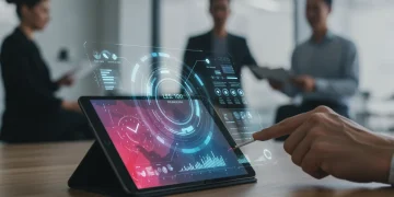 AI-powered presentation design interface on a tablet, generating slides quickly.