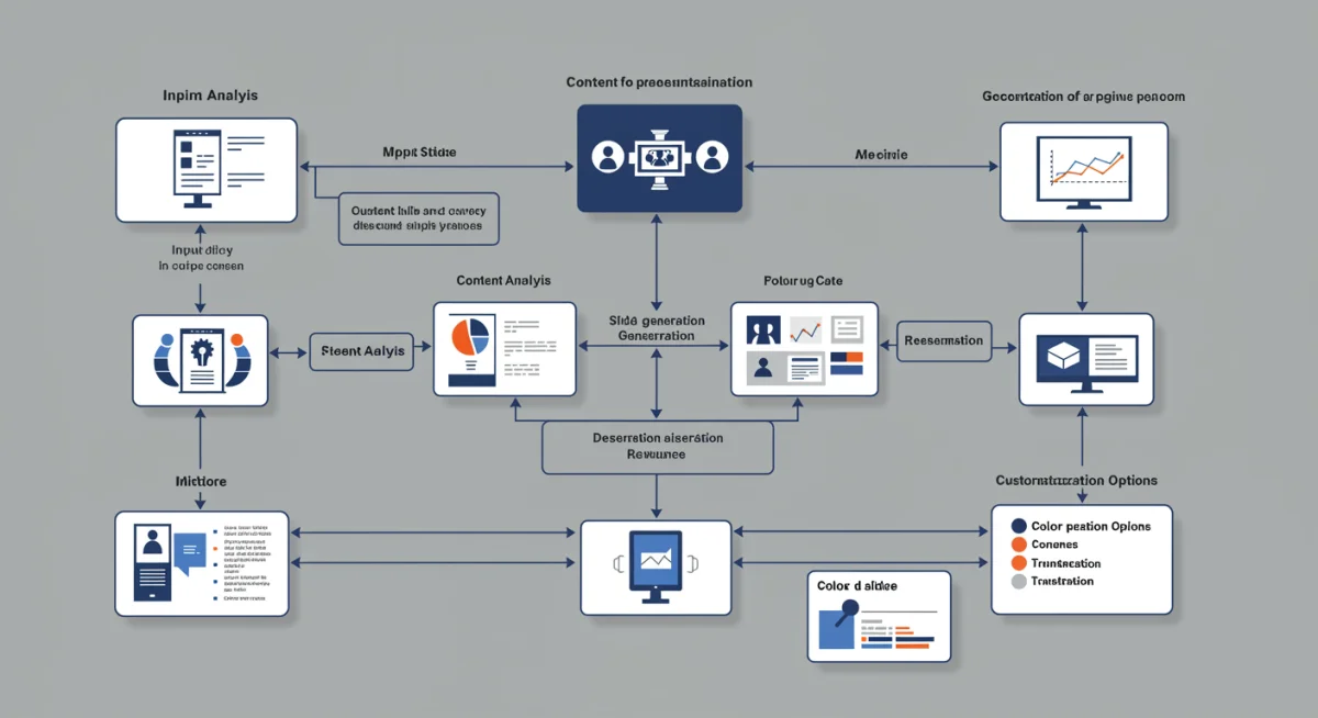 Workflow diagram of an AI presentation tool, showing content input to slide generation.