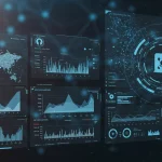 Futuristic AI social media management dashboard with real-time analytics and scheduled posts.