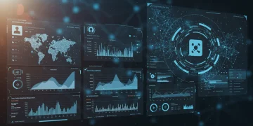 Futuristic AI social media management dashboard with real-time analytics and scheduled posts.