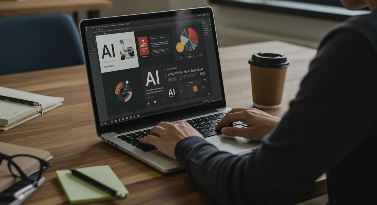 User exploring AI presentation templates and design ideas on a laptop.
