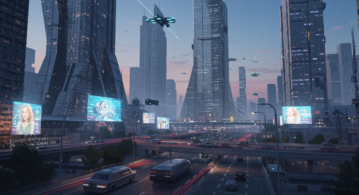Realistic AI image of a futuristic city skyline with advanced architecture and atmospheric lighting.