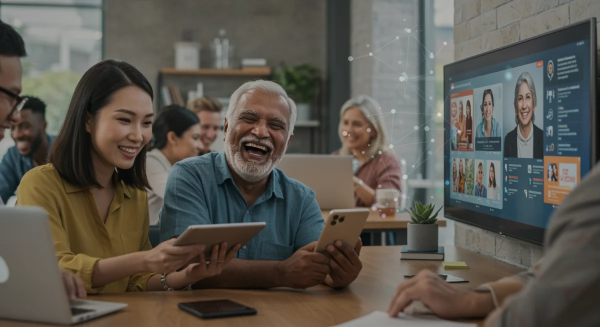 Diverse customers enjoying personalized digital experiences powered by AI.