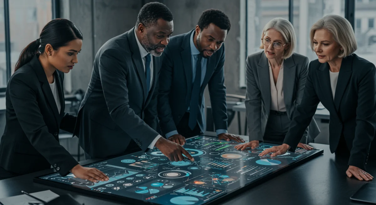 Business team analyzing AI-generated data insights on an interactive screen.