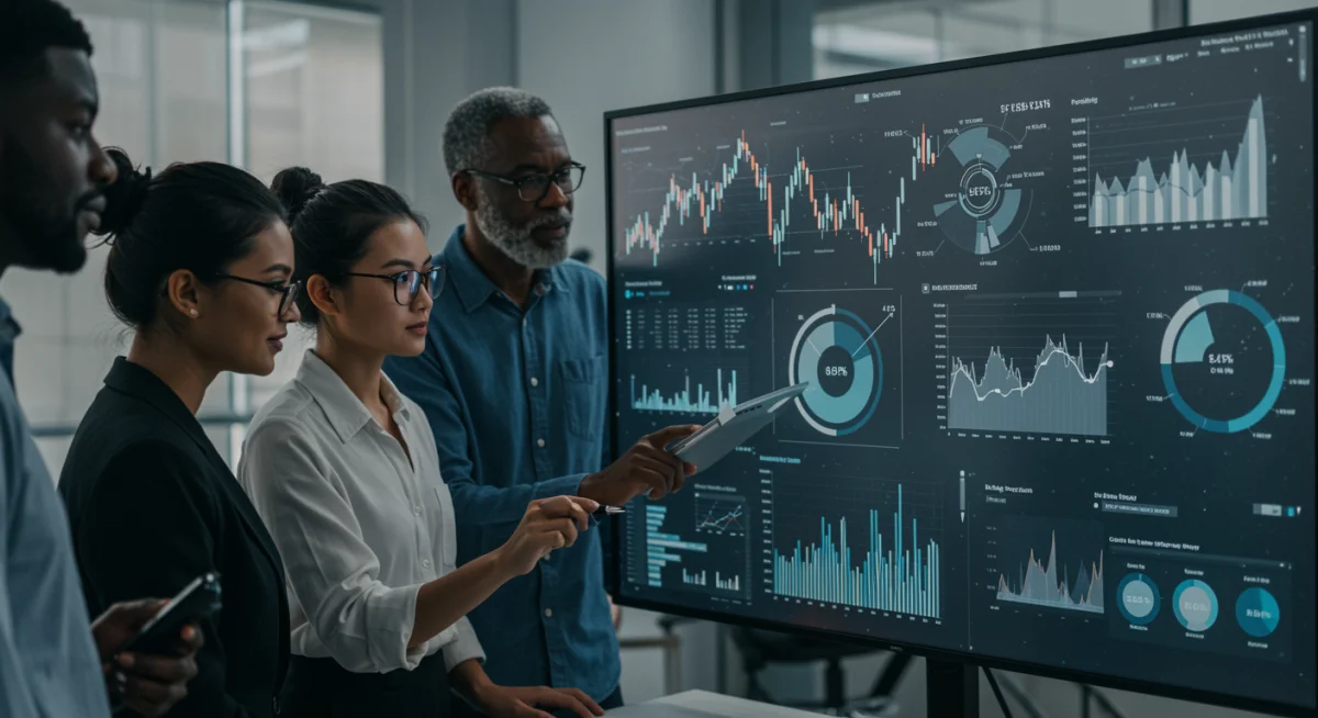 Team collaborating on AI-generated financial forecasts